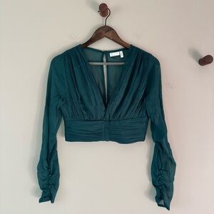 ASOS DESIGN BRIDESMAID LONG SLEEVE TOP WRAP WAIST DETAIL SIZE 4 FOREST GREEN